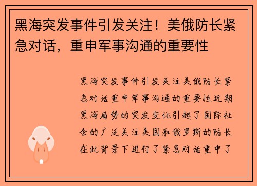 黑海突发事件引发关注！美俄防长紧急对话，重申军事沟通的重要性